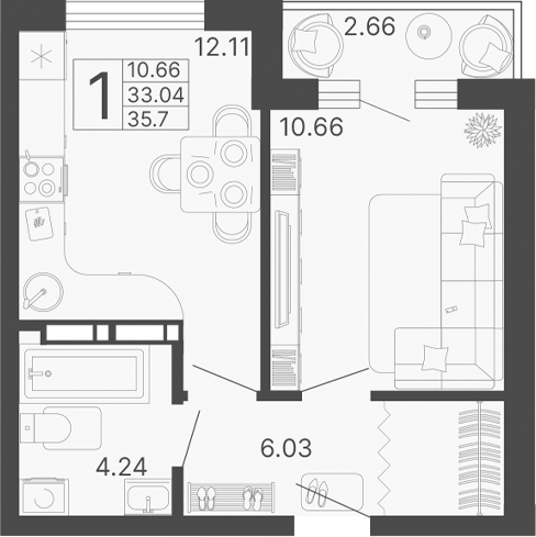 Планировка — Светский лес, 1-комн., 33 м²