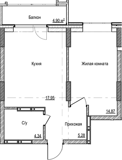 Планировка — Чацкий, 1-комн., 42 м²