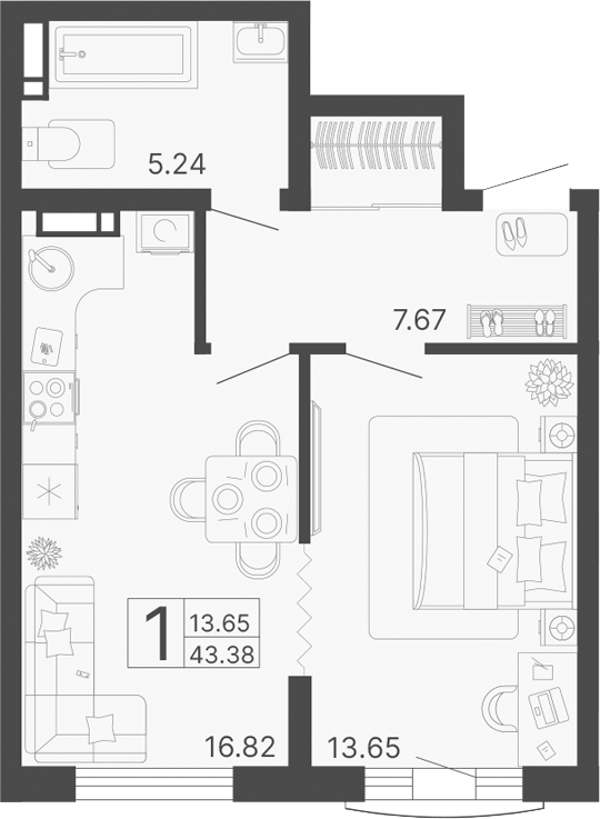 Планировка — Светский лес, 1-комн., 43 м²