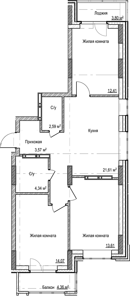 Планировка — Чацкий, 3-комн., 72 м²