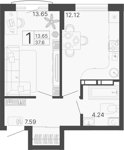 Планировка — Светский лес, 1-комн., 38 м²