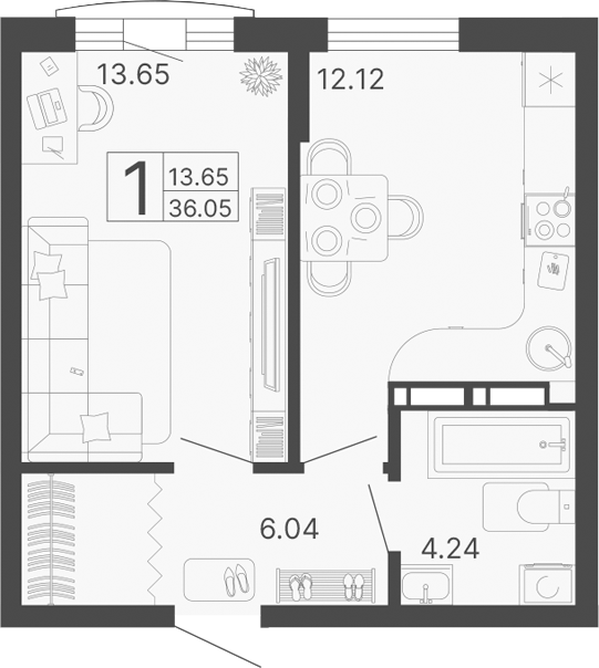 Планировка — Светский лес, 1-комн., 36 м²