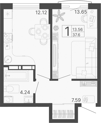Планировка — Светский лес, 1-комн., 38 м²