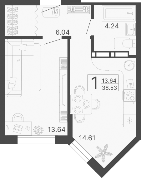 Планировка — Светский лес, 1-комн., 39 м²