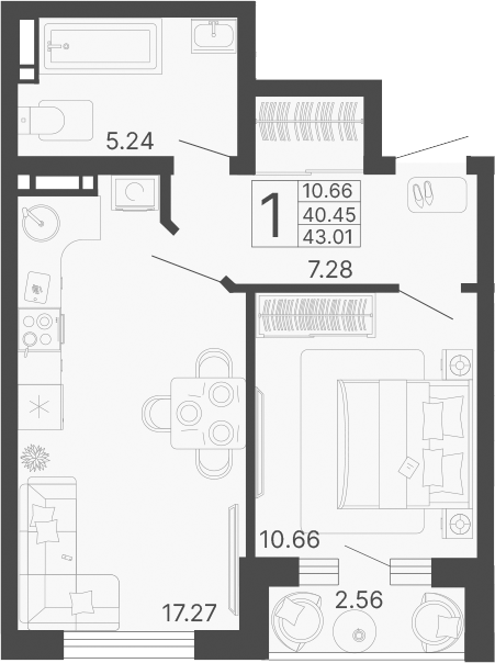 Планировка — Светский лес, 1-комн., 40 м²