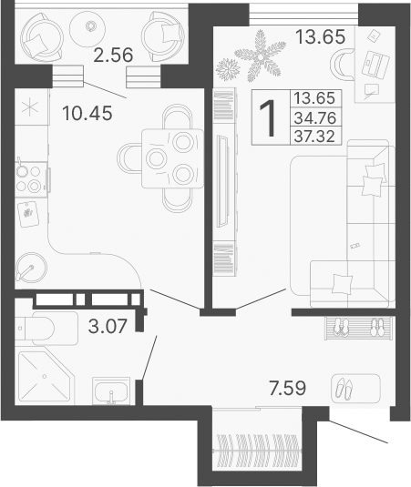 Планировка — Светский лес, 1-комн., 35 м²