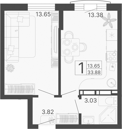 Планировка — Светский лес, 1-комн., 34 м²