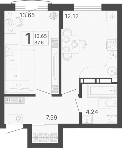 Планировка — Светский лес, 1-комн., 38 м²