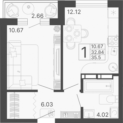 Планировка — Светский лес, 1-комн., 33 м²