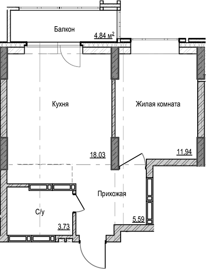 Планировка — Чацкий, 1-комн., 39 м²