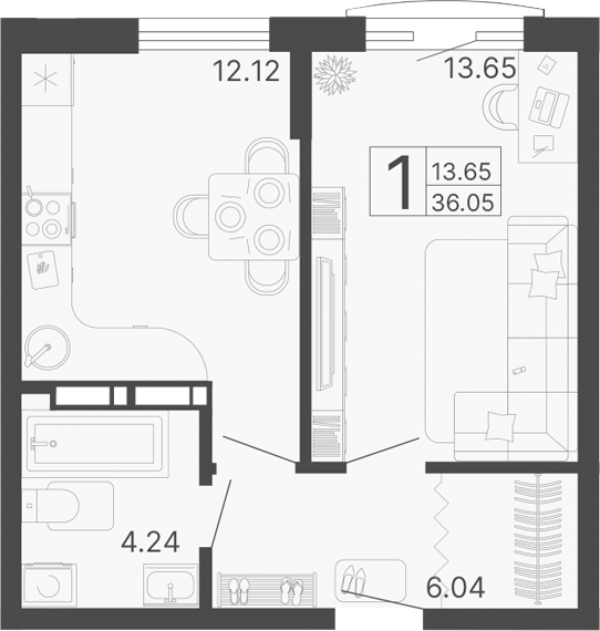 Планировка — Светский лес, 1-комн., 36 м²