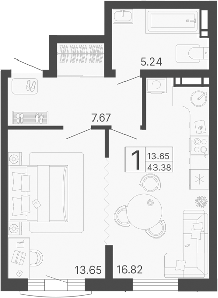 Планировка — Светский лес, 1-комн., 43 м²