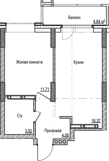 Планировка — Чацкий, 1-комн., 36 м²