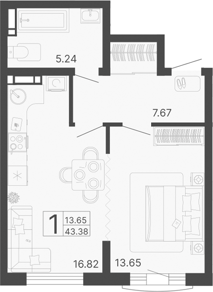 Планировка — Светский лес, 1-комн., 43 м²