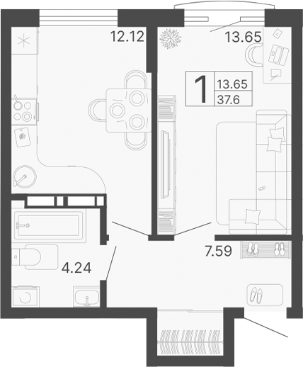 Планировка — Светский лес, 1-комн., 38 м²