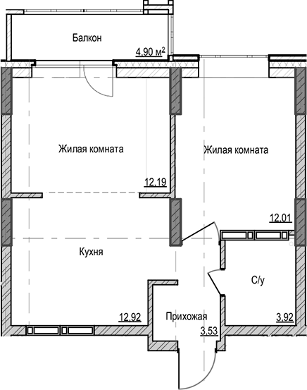 Планировка — Чацкий, 2-комн., 45 м²