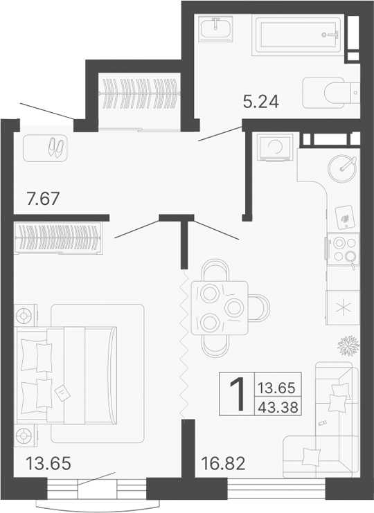 Планировка — Светский лес, 1-комн., 43 м²