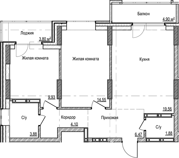 Планировка — Чацкий, 2-комн., 60 м²