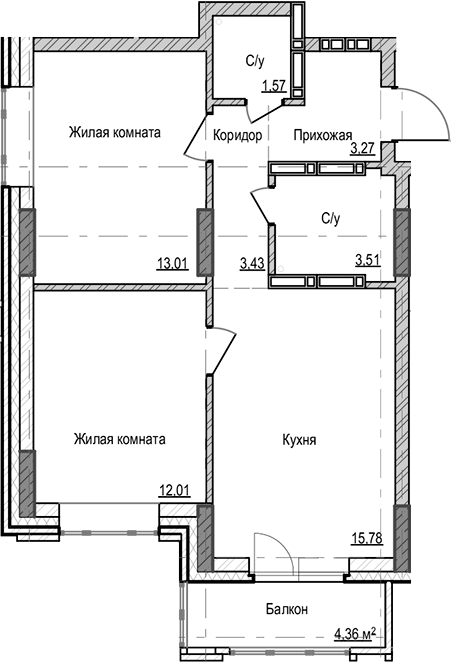 Планировка — Чацкий, 2-комн., 53 м²