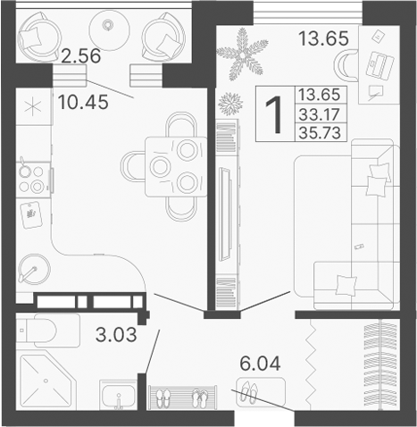 Планировка — Светский лес, 1-комн., 33 м²
