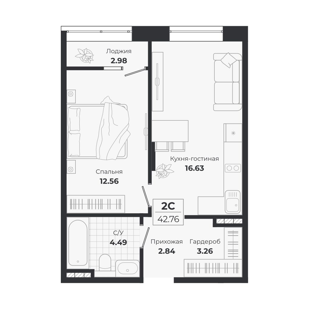 Планировка — Ясный Берег, 2-комн., 40 м²