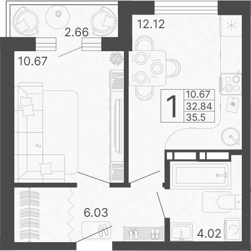 Планировка — Светский лес, 1-комн., 33 м²