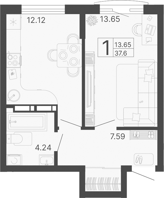 Планировка — Светский лес, 1-комн., 38 м²