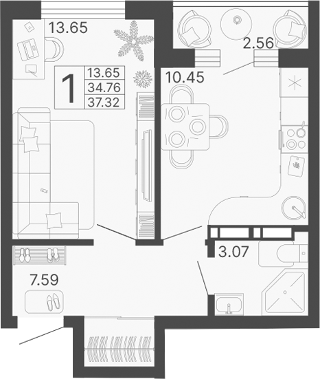 Планировка — Светский лес, 1-комн., 35 м²