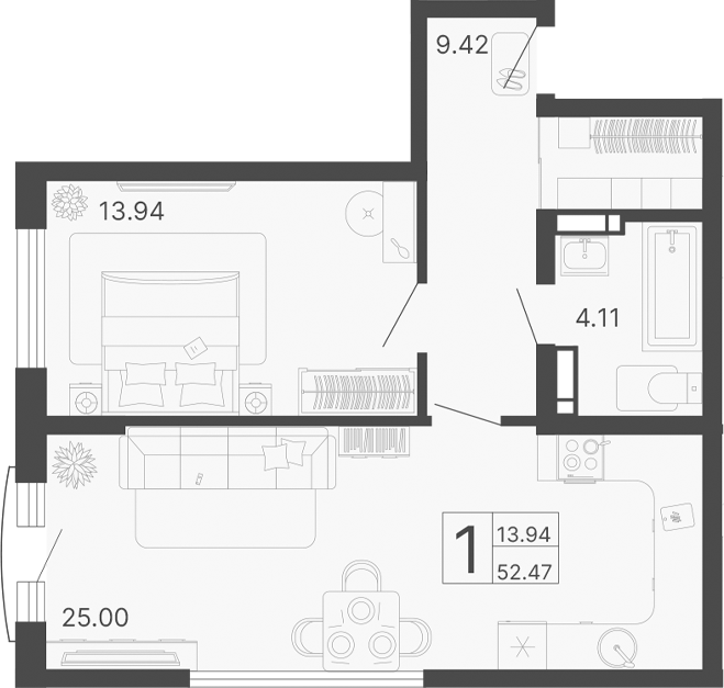 Планировка — Светский лес, 1-комн., 52 м²