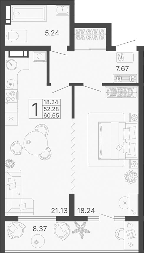 Планировка — Светский лес, 1-комн., 52 м²