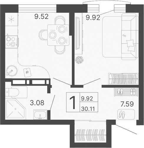 Планировка — Светский лес, 1-комн., 30 м²