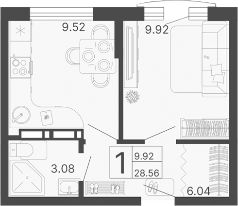 Планировка — Светский лес, 1-комн., 29 м²