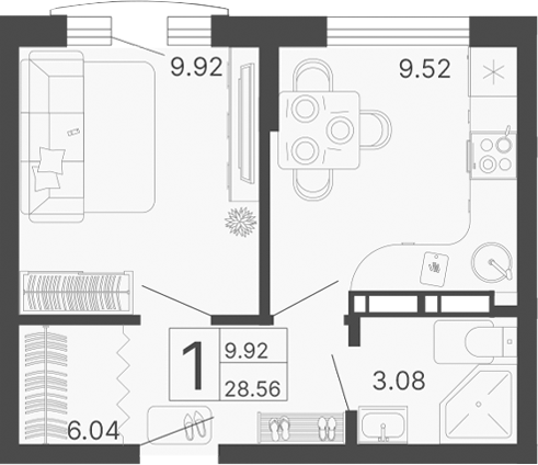 Планировка — Светский лес, 1-комн., 29 м²