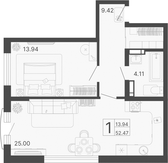 Планировка — Светский лес, 1-комн., 52 м²