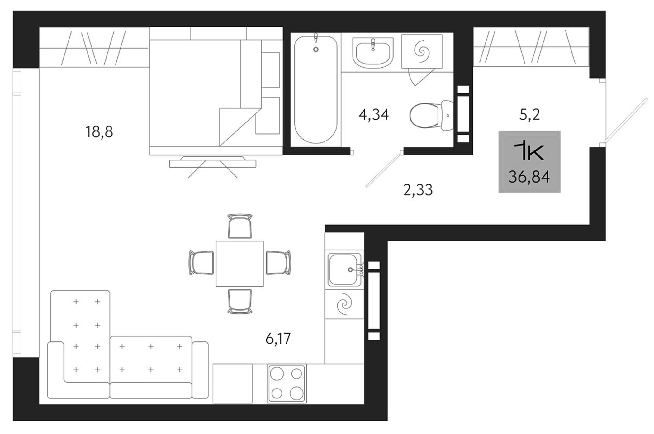 Планировка — Поэзия. Томск, Студия, 37 м²