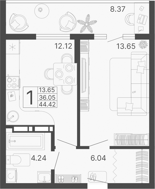 Планировка — Светский лес, 1-комн., 36 м²