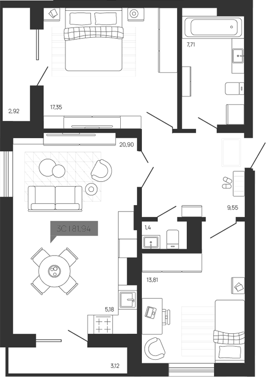 Планировка — Зоркий парк, 3-комн., 76 м²