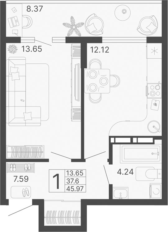 Планировка — Светский лес, 1-комн., 38 м²