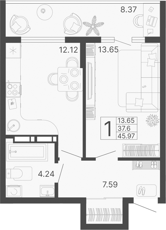 Планировка — Светский лес, 1-комн., 38 м²