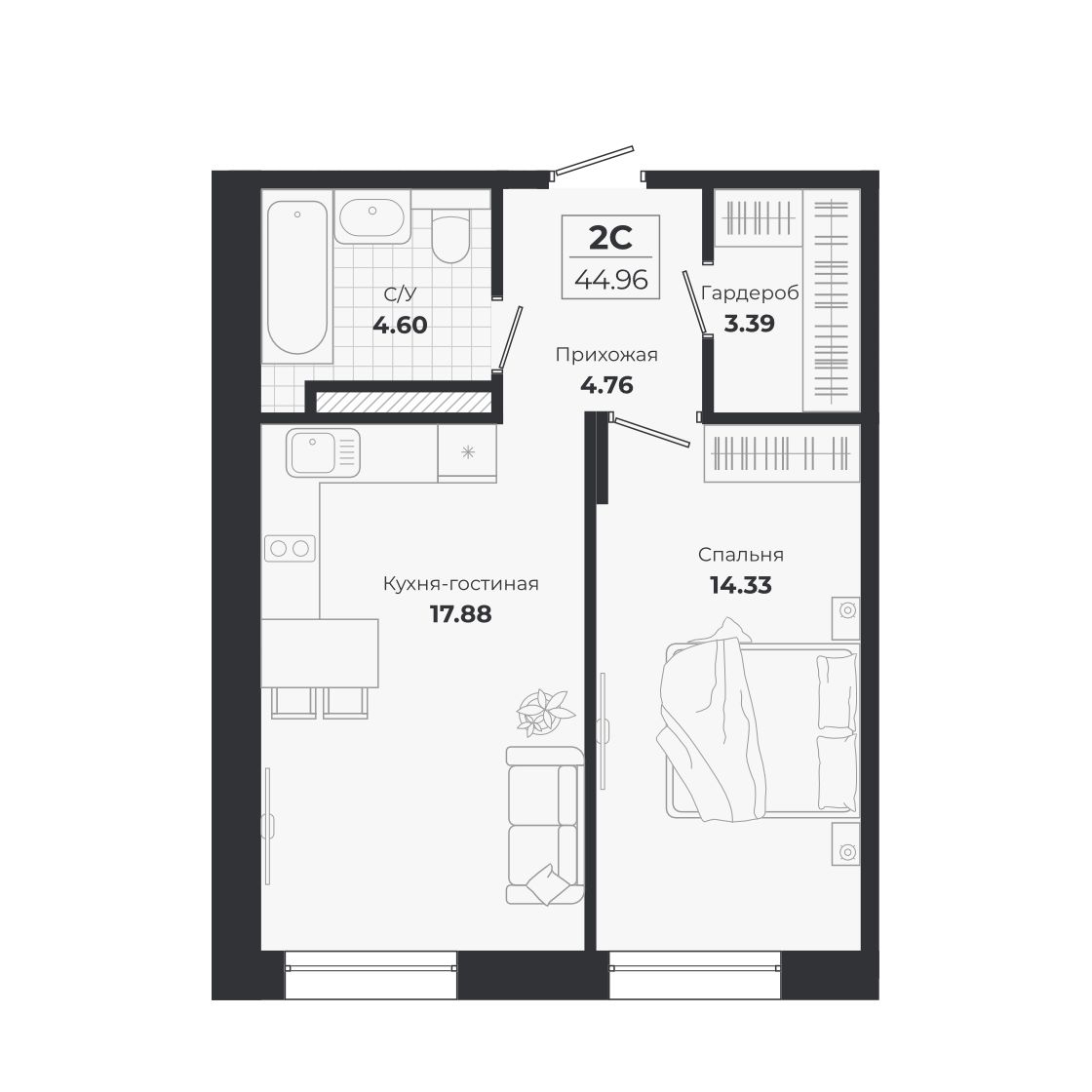 Планировка — Ясный Берег, 2-комн., 45 м²