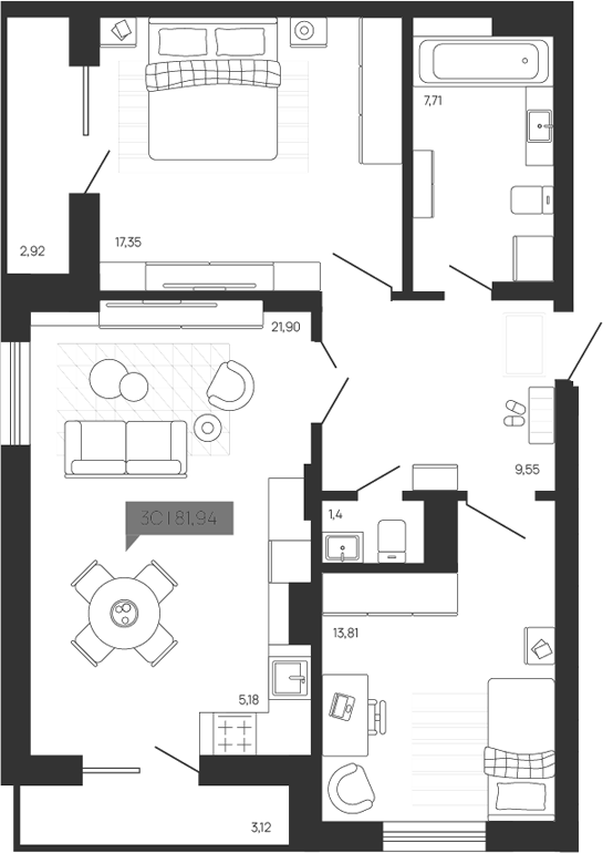 Планировка — Зоркий парк, 3-комн., 76 м²