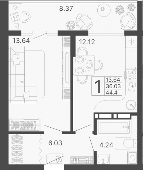 Планировка — Светский лес, 1-комн., 36 м²