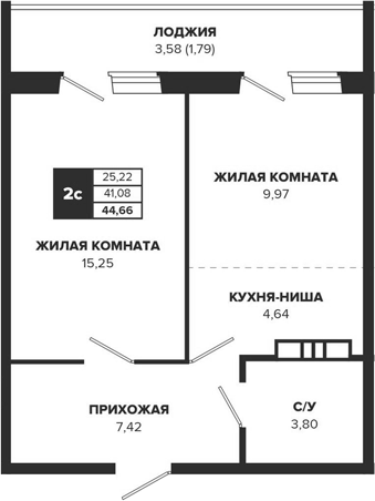 Планировка — ВИВАТ! Знаменский, 2-комн., 41 м²