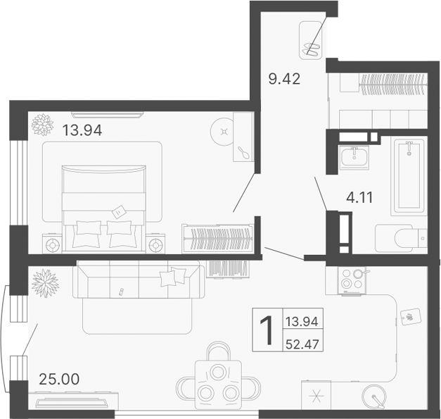 Планировка — Светский лес, 1-комн., 52 м²