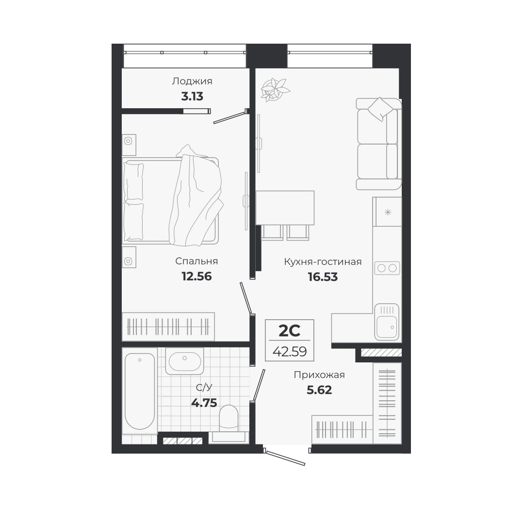 Планировка — Ясный Берег, 2-комн., 39 м²