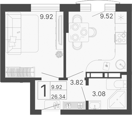 Планировка — Светский лес, 1-комн., 26 м²