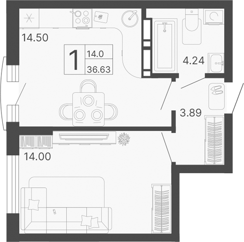 Планировка — Светский лес, 1-комн., 37 м²