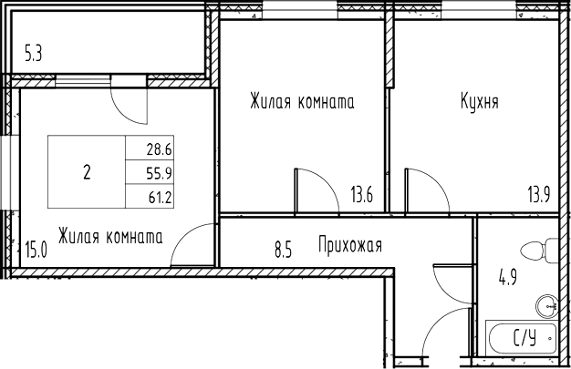 Планировка — Gray, 2-комн., 56 м²