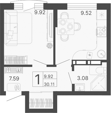 Планировка — Светский лес, 1-комн., 30 м²