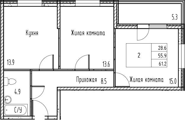 Планировка — Gray, 2-комн., 56 м²